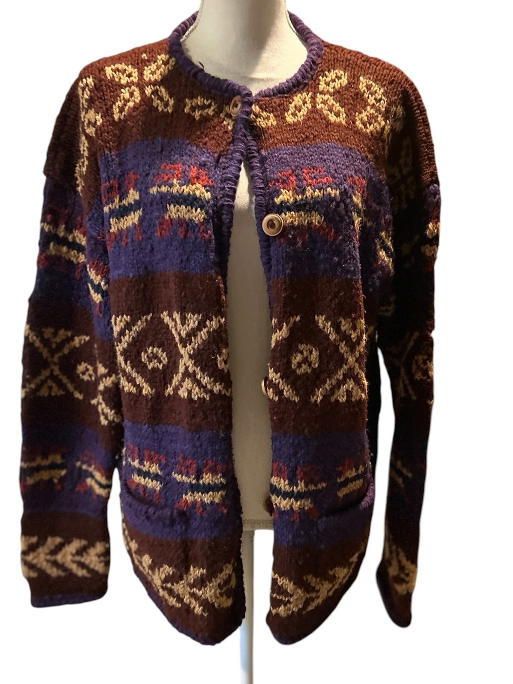 Rey Wear Wool Cozy Patterned Women’s Cardigan Sweater - Brown & Purple